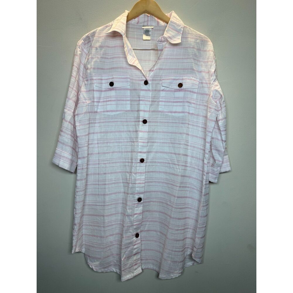 Dotti Women's Size Medium White Striped Button Front Blouse 3/4 Sleeve